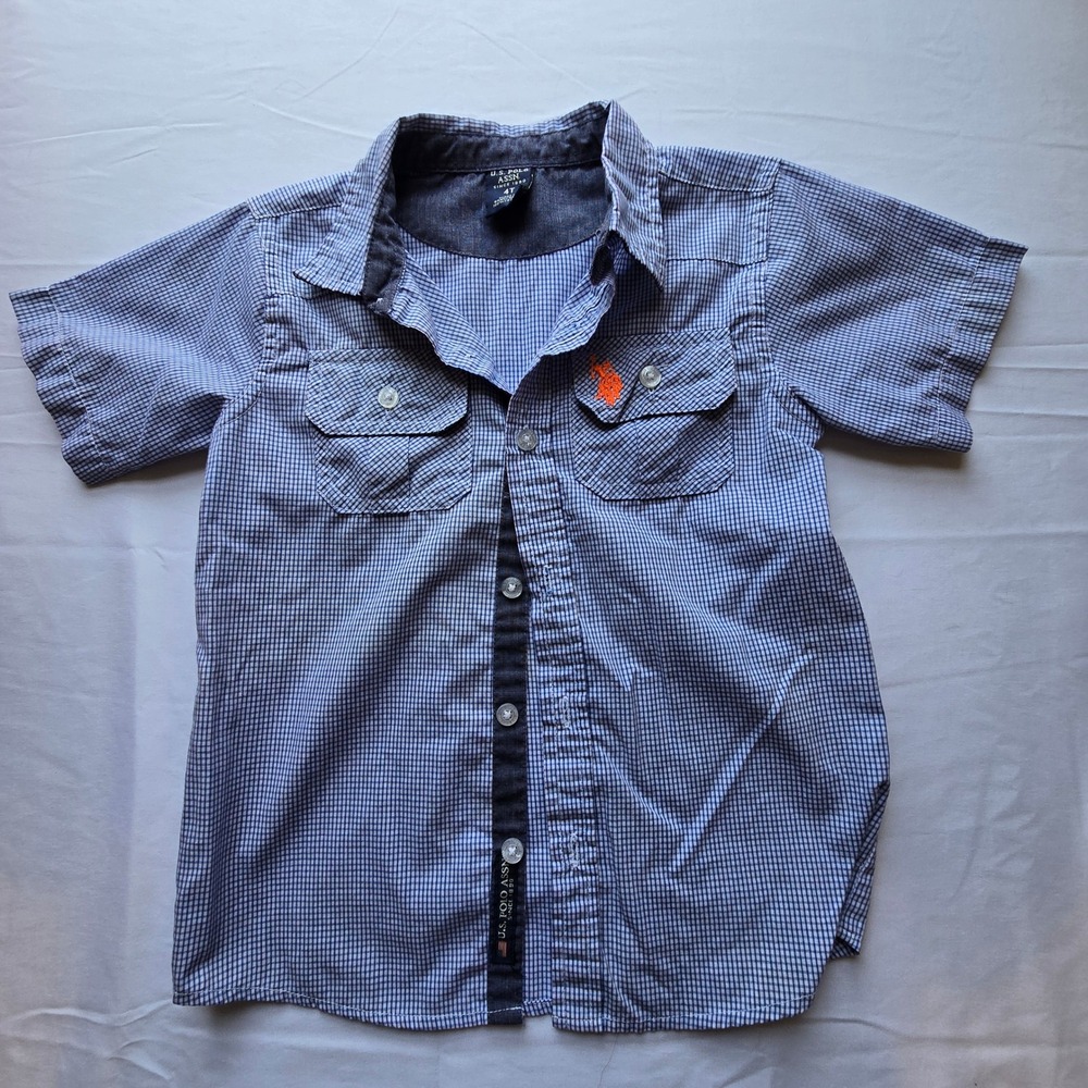 US Polo Assn Boys Blue White Gingham Check Short Sleeve Button Down Shirt 4T